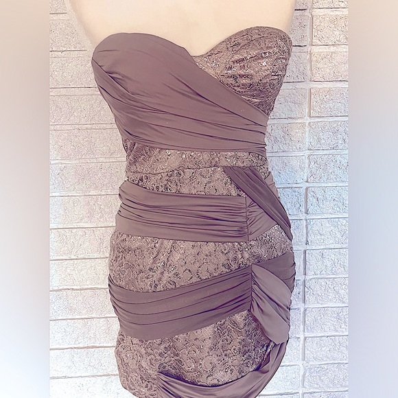 Bebe Draped Strapless Mini Bodycon Dress champagne w/silver - Picture 4 of 9